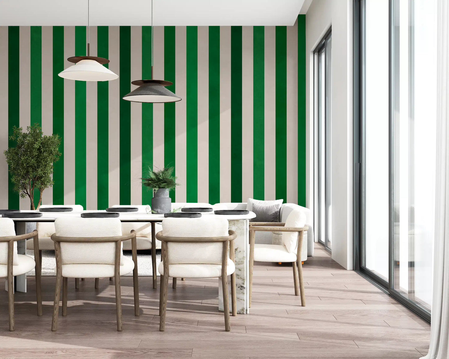 Emerald and Cream Vertical Stripes Wall Mural