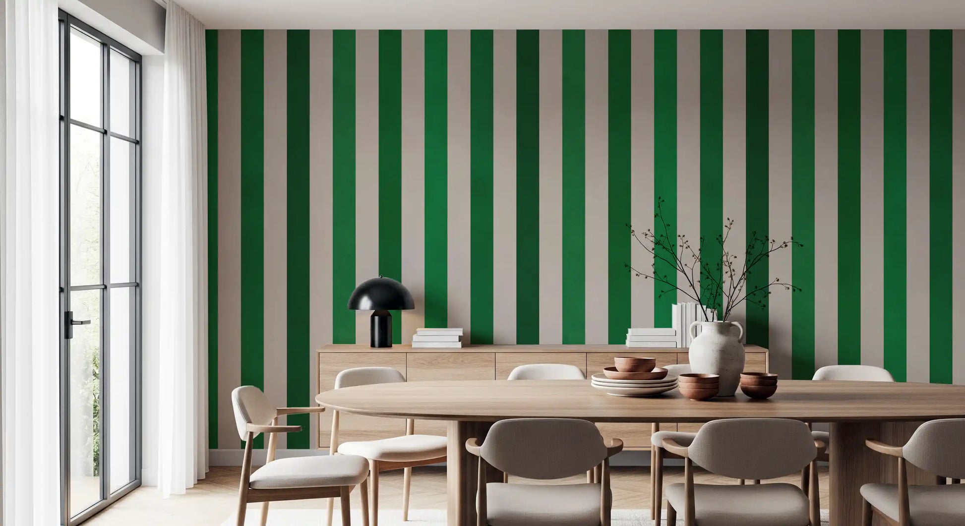 Emerald and Cream Vertical Stripes Wall Mural