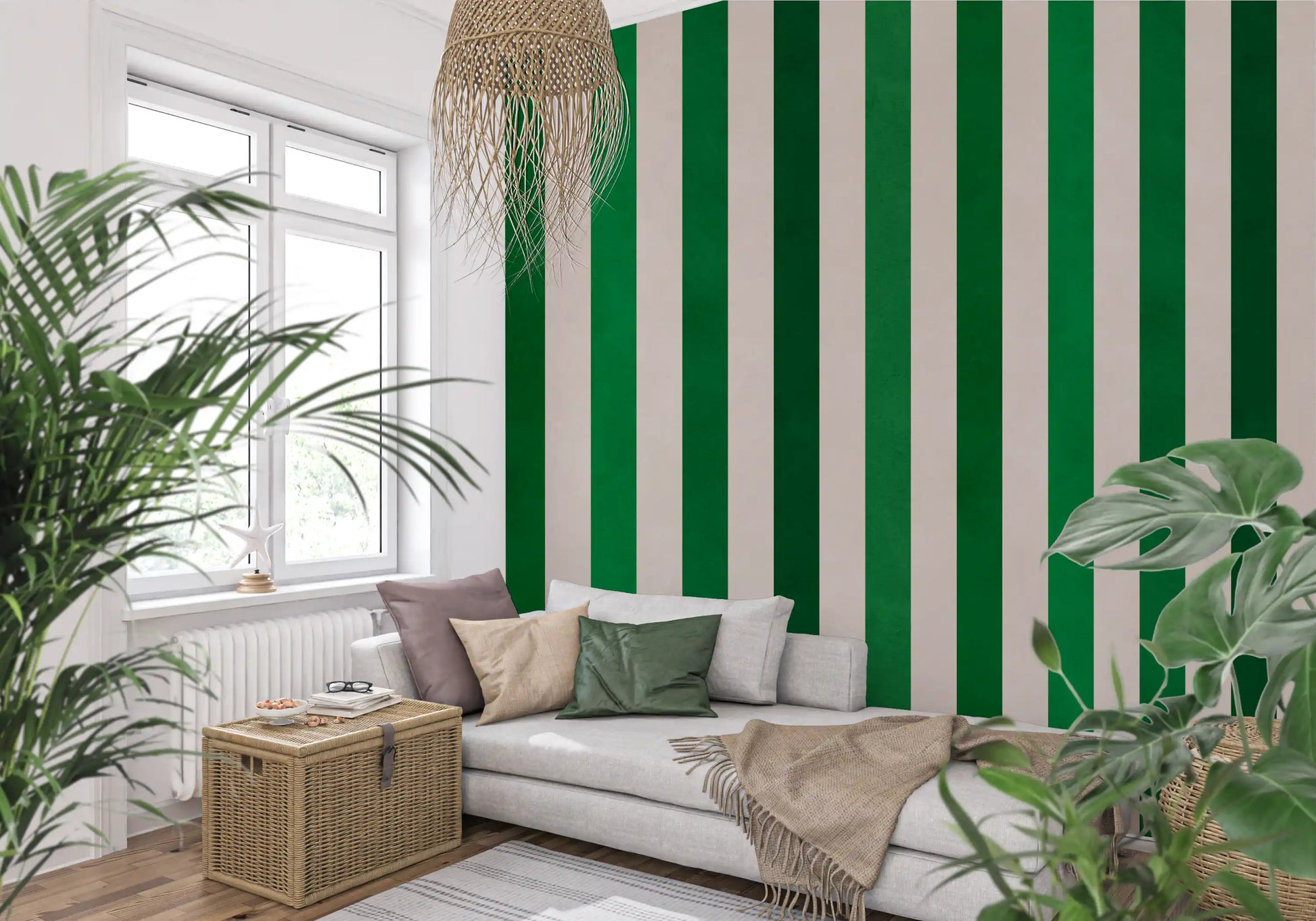 Emerald and Cream Vertical Stripes Wall Mural