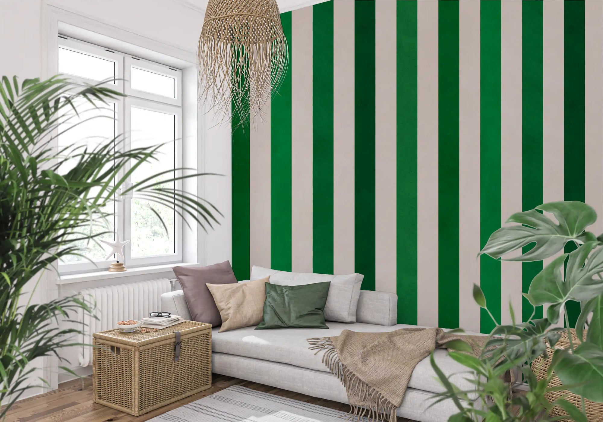 Emerald and cream vertical stripe wall mural with mixed stripe widths GD11093