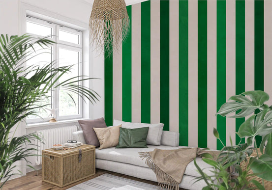 Emerald and cream vertical stripe wall mural with mixed stripe widths GD11093