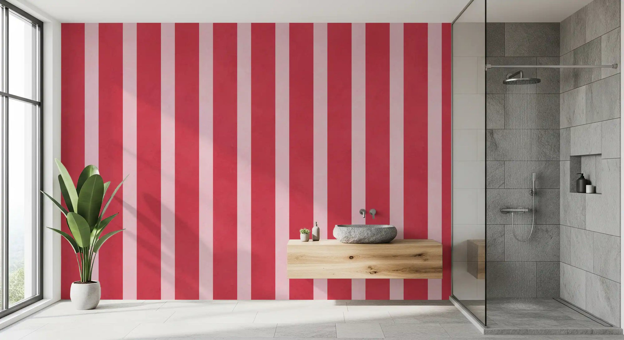 Candy striped vertical wall mural in raspberry pink and soft blush tones GD11094
