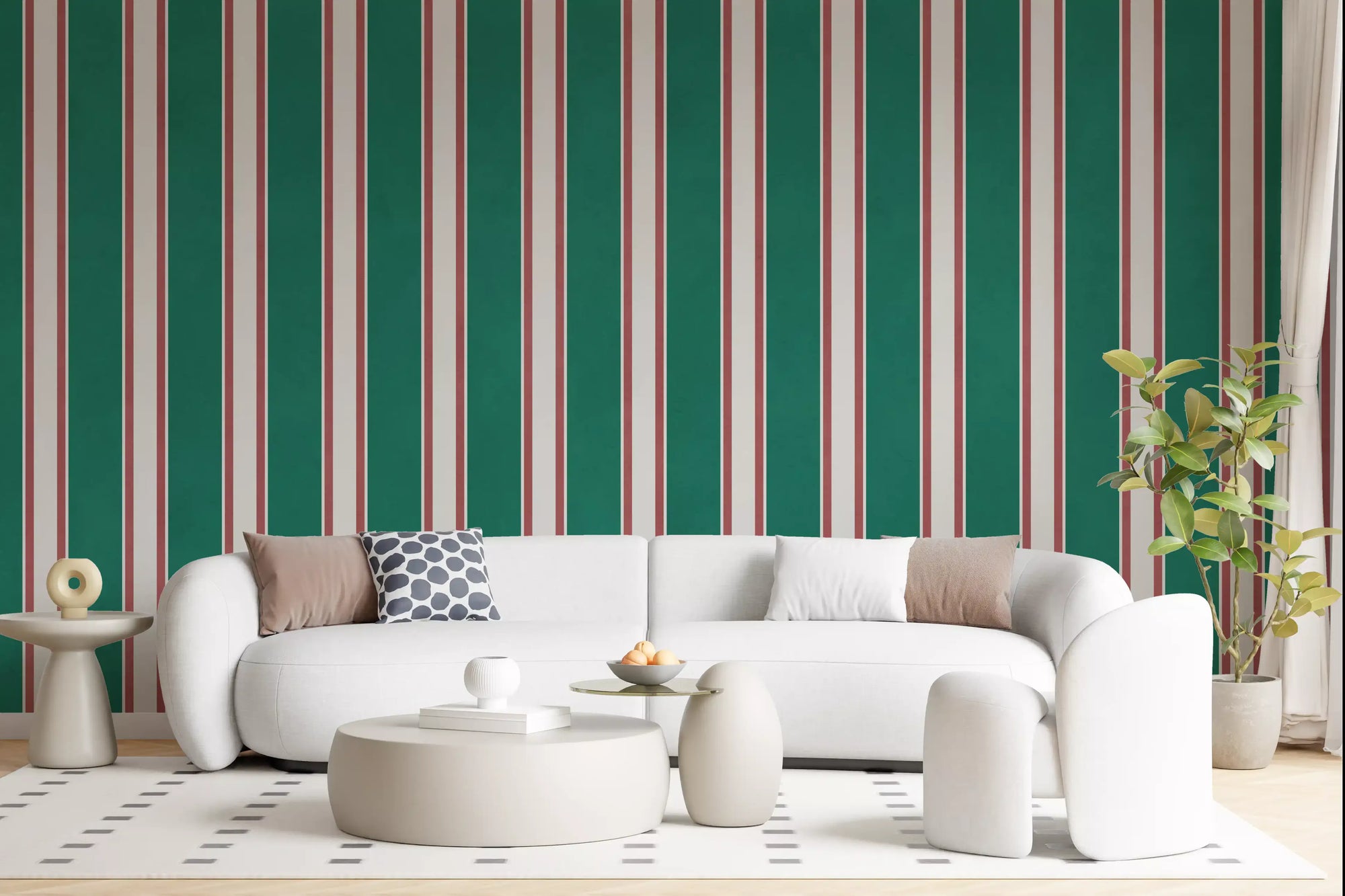 Emerald green striped wall mural with cream columns and burgundy accent lines GD11095