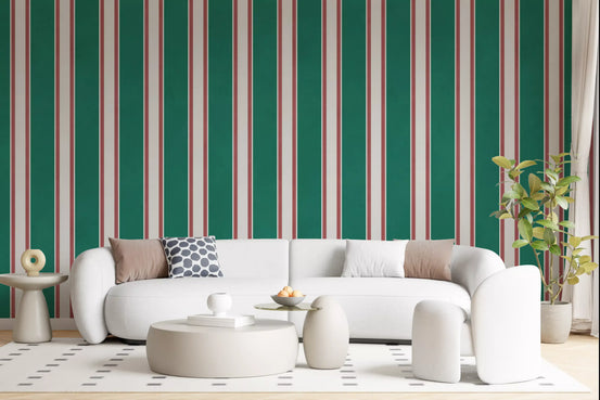 Emerald green striped wall mural with cream columns and burgundy accent lines GD11095