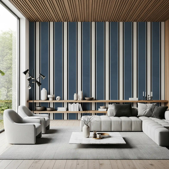 Navy blue striped wall mural with cream columns and slim black outlines in living room GD11096