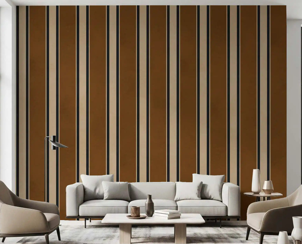 Brown vertical stripe wall mural with beige bands and slim black outlines GD11097