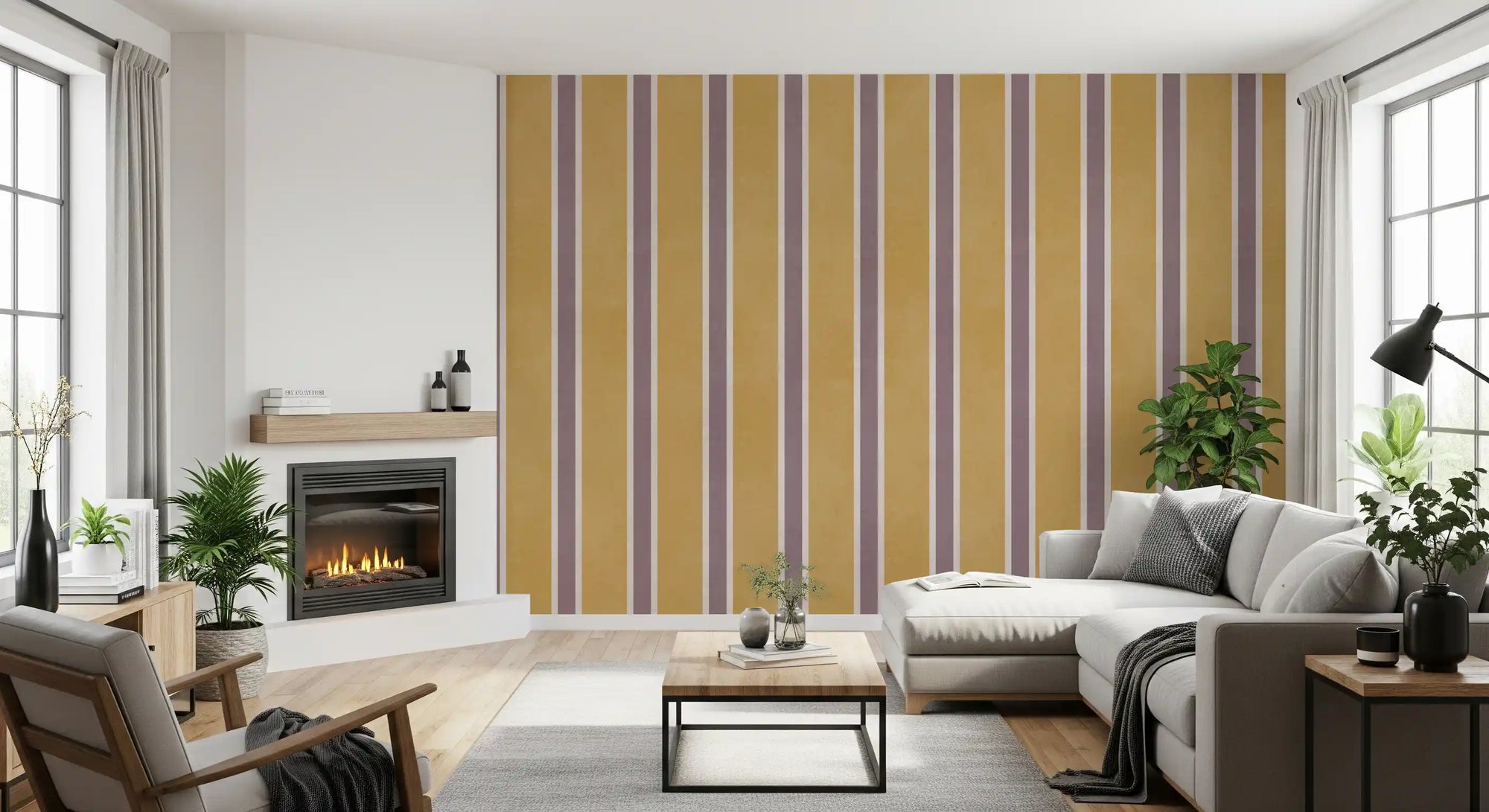 Vertical striped wall mural in golden ochre and dusty mauve with ivory pinstripes GD11099