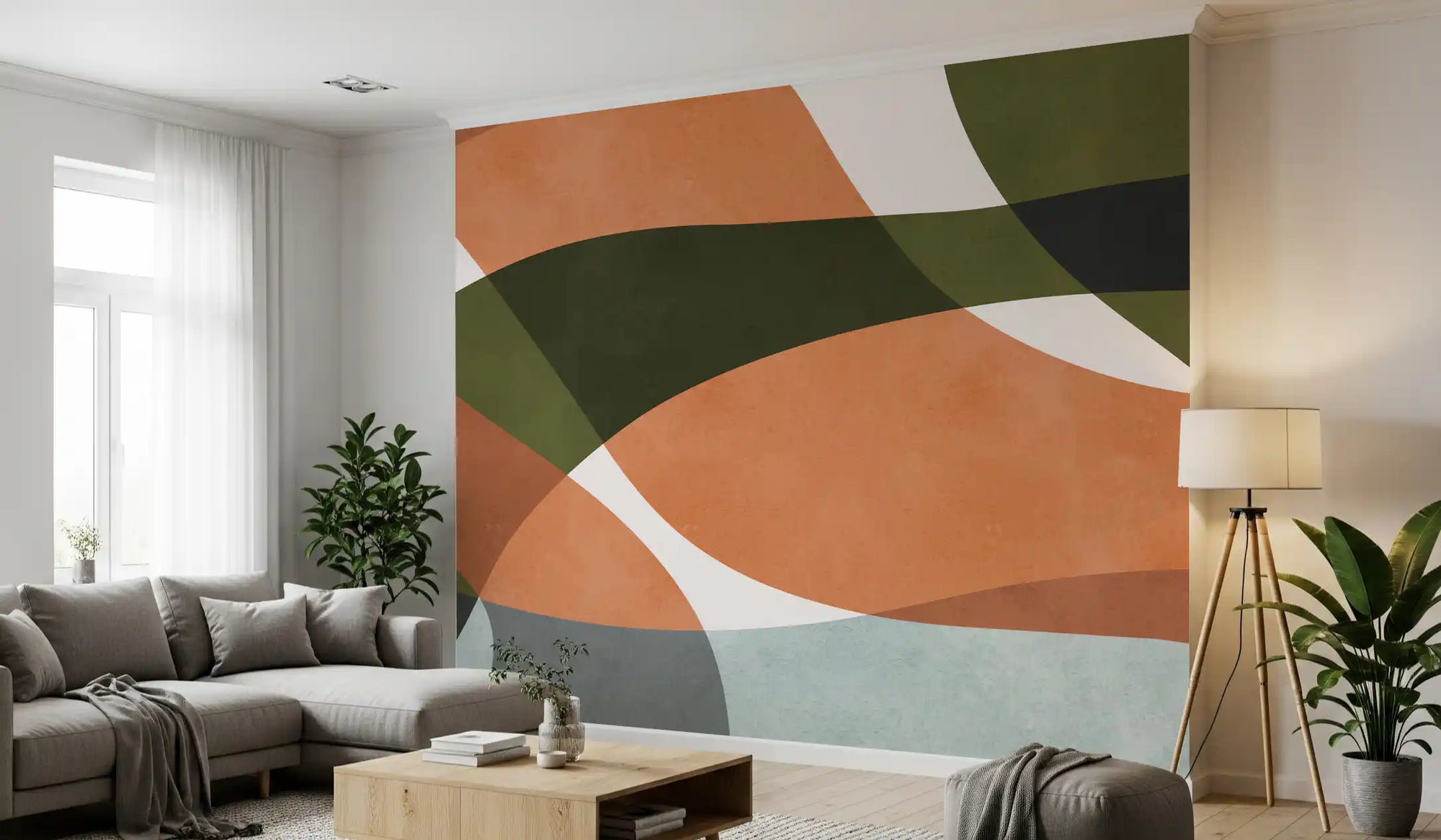 Abstract wall mural with flowing curves in terracotta olive and charcoal tones GD11100