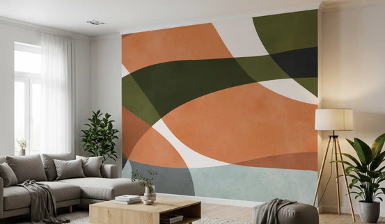 Abstract wall mural with flowing curves in terracotta olive and charcoal tones GD11100
