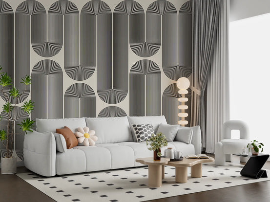 Monochrome geometric wall mural with concentric arches in black lines on cream GD11101