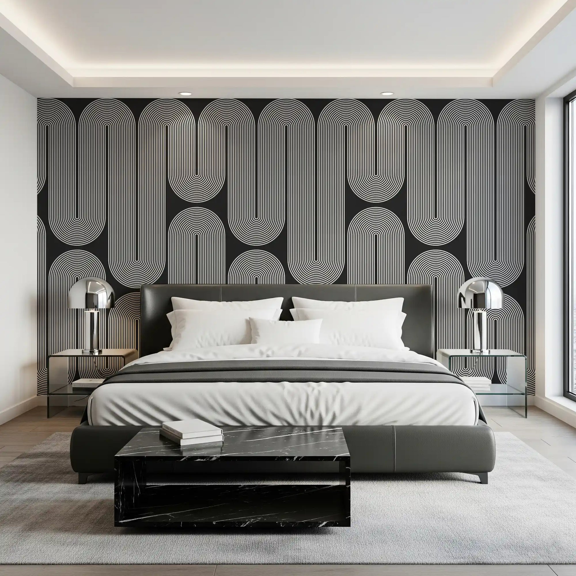 Minimalist wave arch wall mural with ivory lines in bedroom GD11102