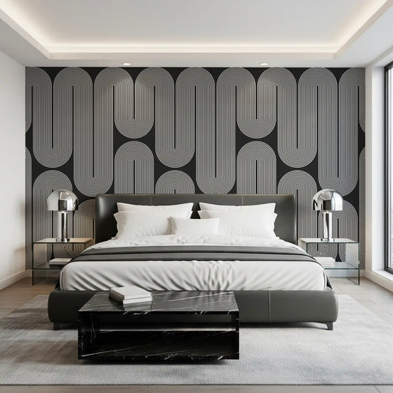 Minimalist wave arch wall mural with ivory lines in bedroom GD11102