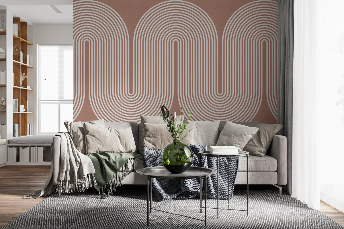 Minimalist wave arch mural with ivory lines on dusty terracotta background GD11103