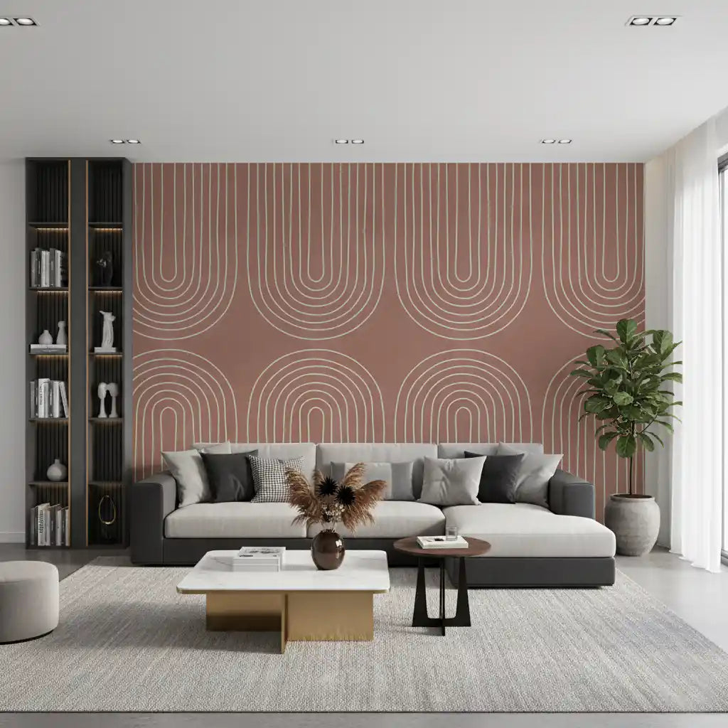Arched line motif wall mural with slim ivory arches on dusty terracotta background GD11104