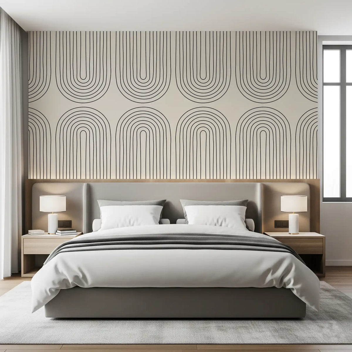 Arched line art wall mural with slim charcoal arches on soft cream background GD11105