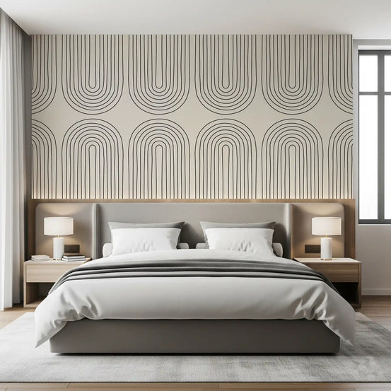 Arched line art wall mural with slim charcoal arches on soft cream background GD11105