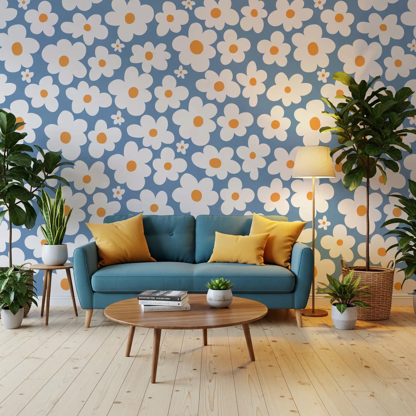 Retro Daisy Bloom Blue Wall Mural