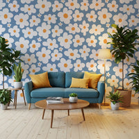 Retro Daisy Bloom Blue Wall Mural