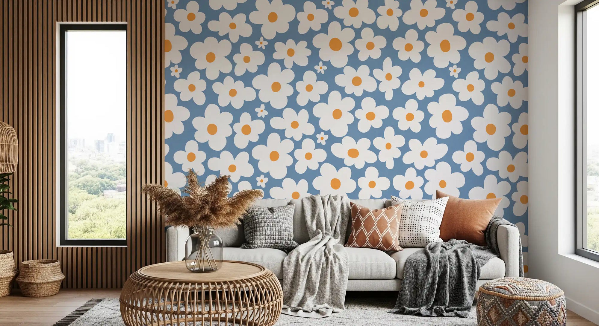 Retro daisy wall mural with white blooms and mustard centres on dusty blue GD11107