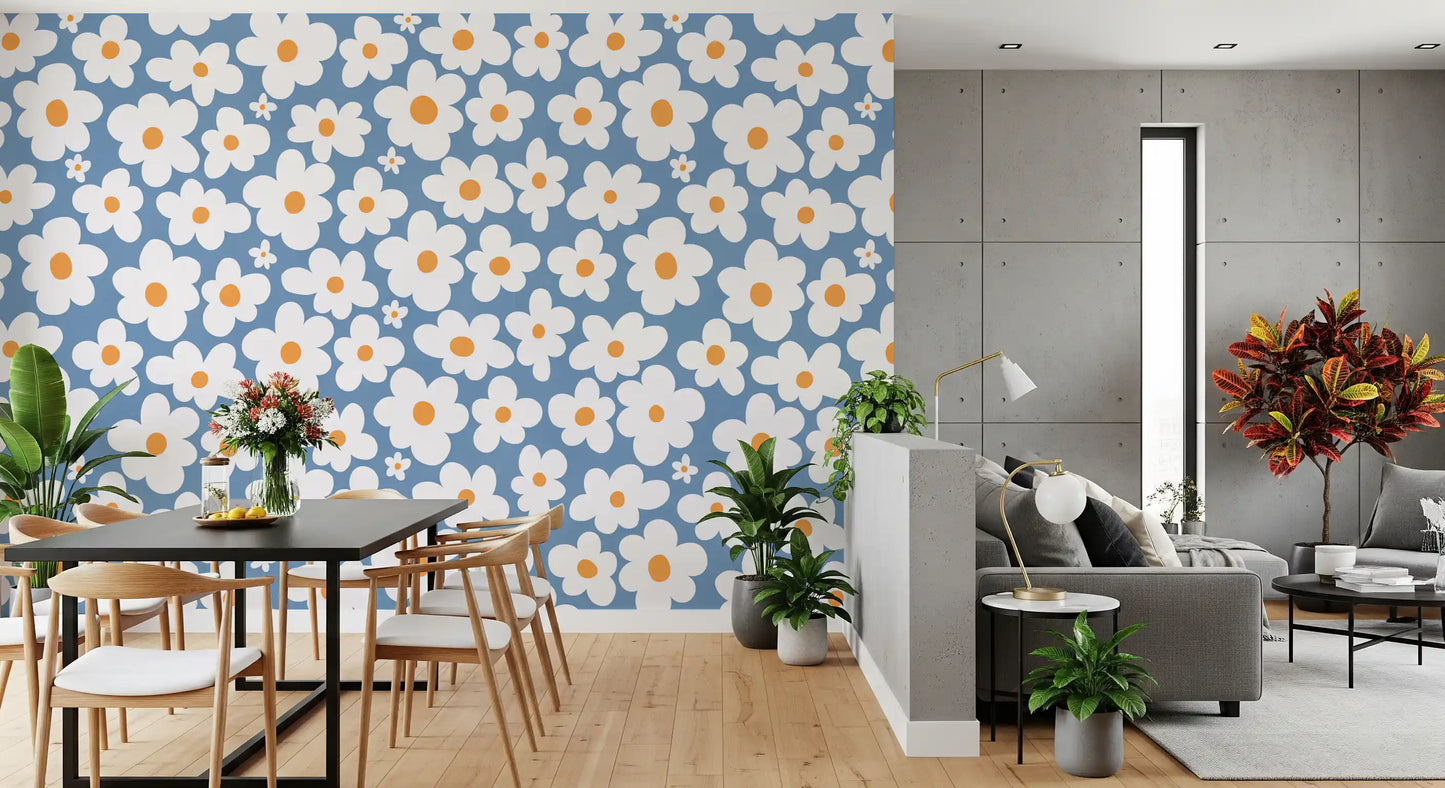 Retro Daisy Bloom Blue Wall Mural