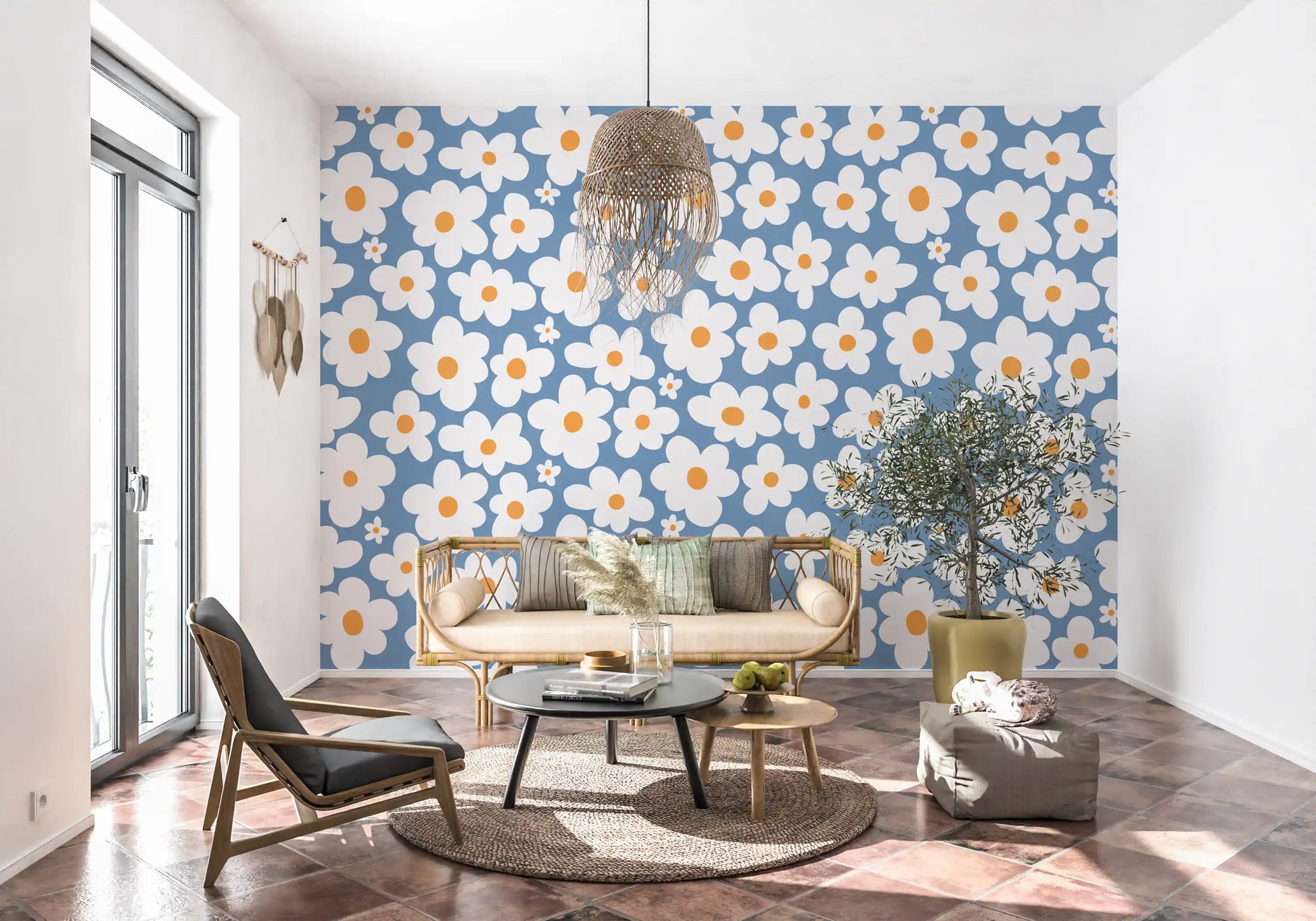 Retro Daisy Bloom Blue Wall Mural