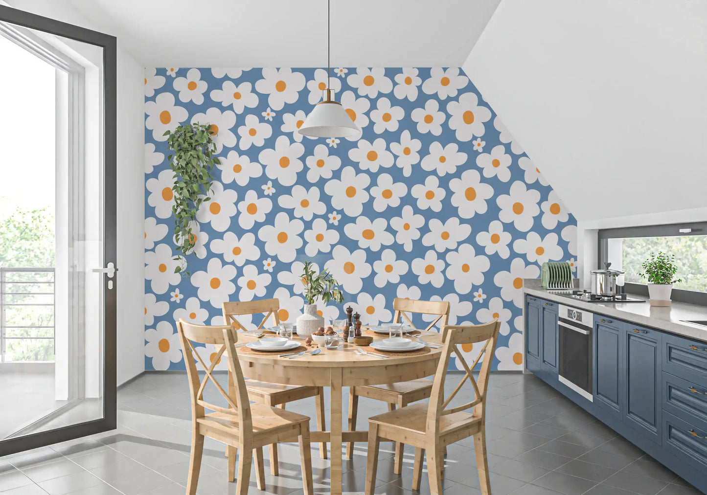Retro Daisy Bloom Blue Wall Mural