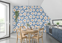 Retro Daisy Bloom Blue Wall Mural