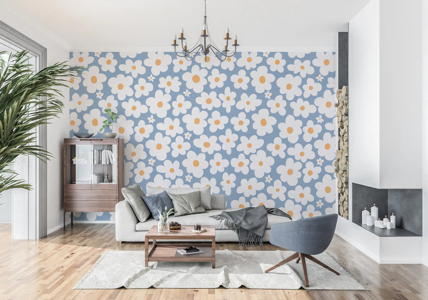 Retro Daisy Bloom Blue Wall Mural