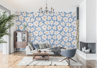 Retro Daisy Bloom Blue Wall Mural