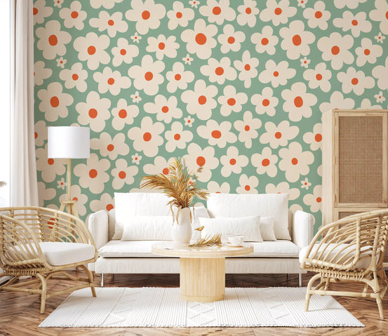 Retro daisy wall mural with cream blooms and rust centres on muted sage green GD11108