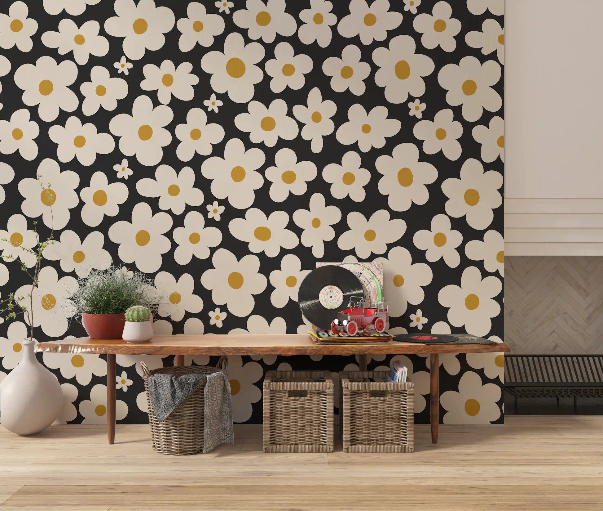 Retro Floral Bloom Pattern Wall Mural