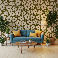 Retro Daisy Meadow in Sage and Cream Wall Mural