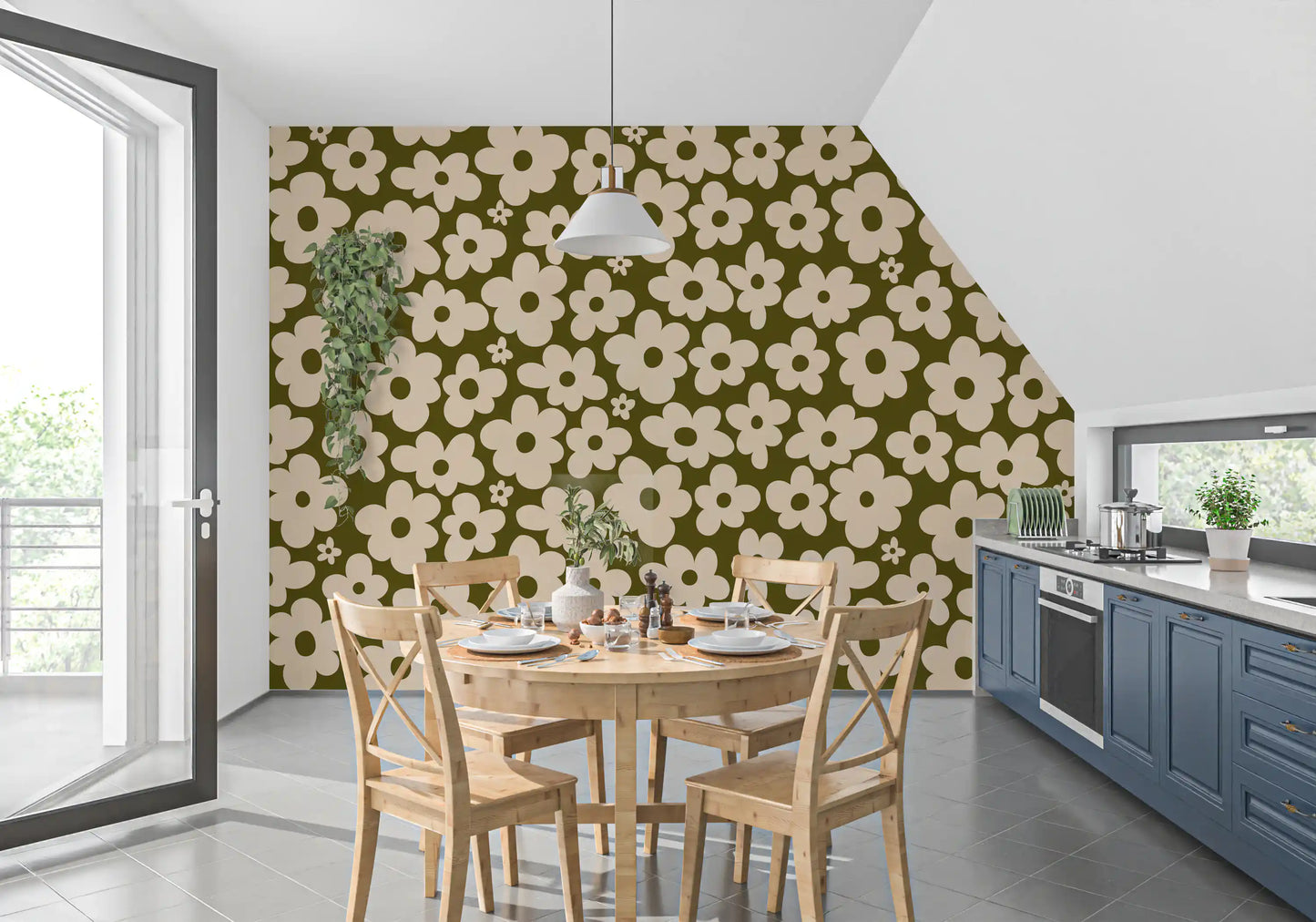 Retro Daisy Meadow in Sage and Cream Wall Mural