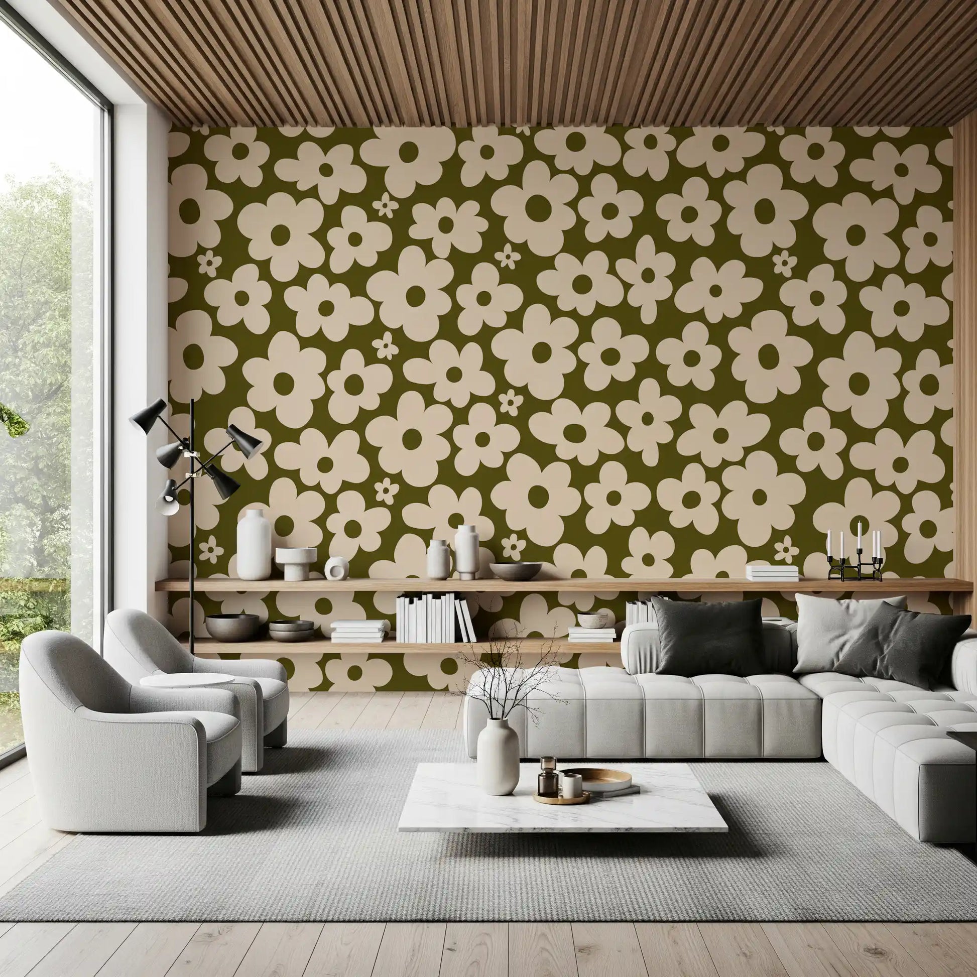 Retro Daisy Meadow in Sage and Cream Wall Mural