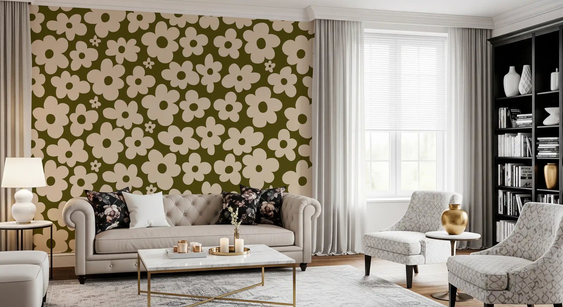Retro Daisy Meadow in Sage and Cream Wall Mural