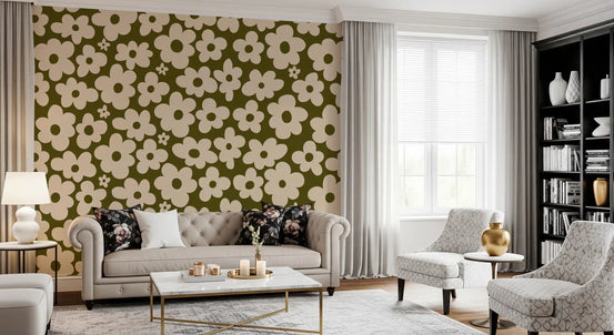 Retro daisy meadow wall mural with cream blooms and olive centres on deep green GD11110
