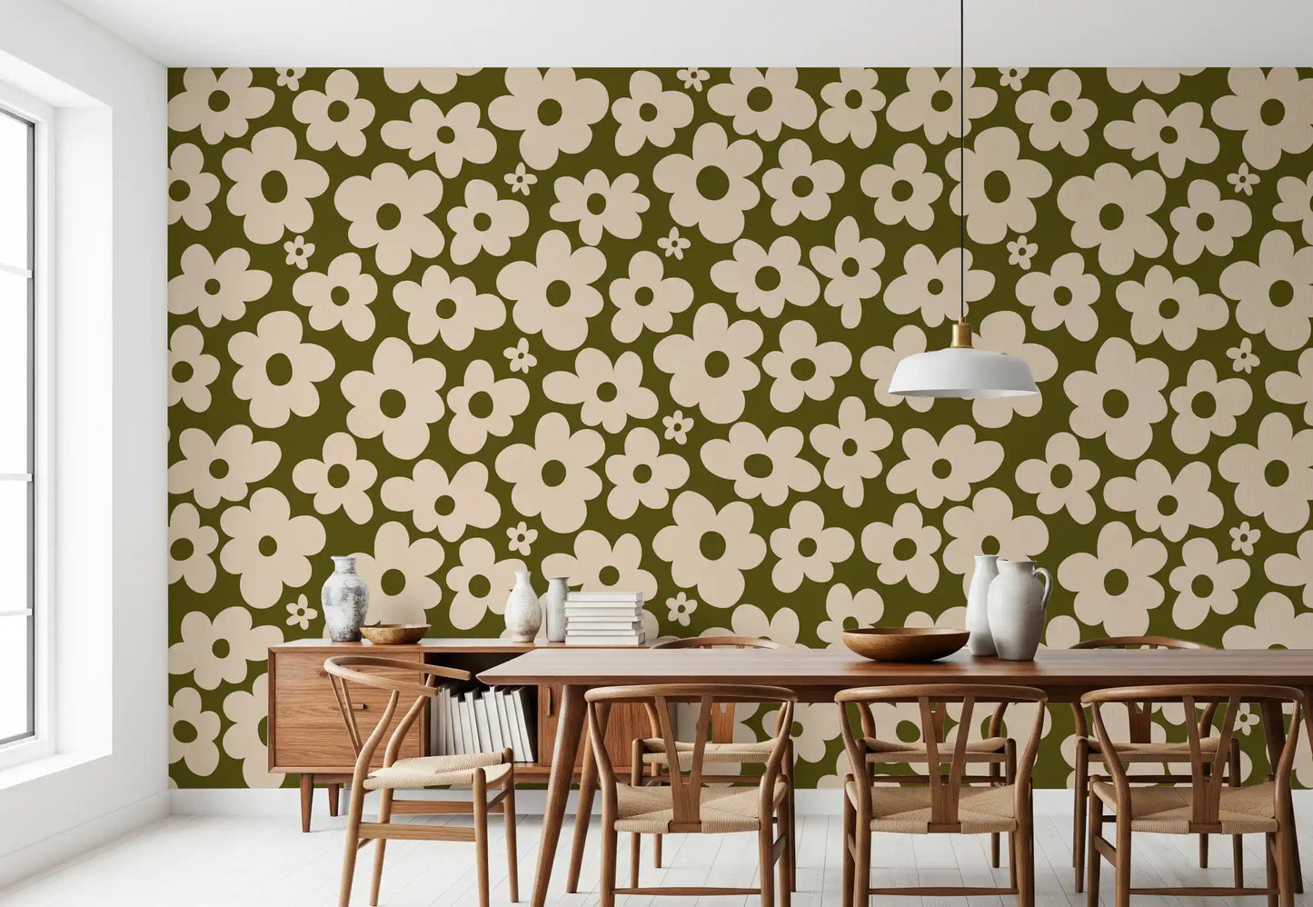Retro Daisy Meadow in Sage and Cream Wall Mural