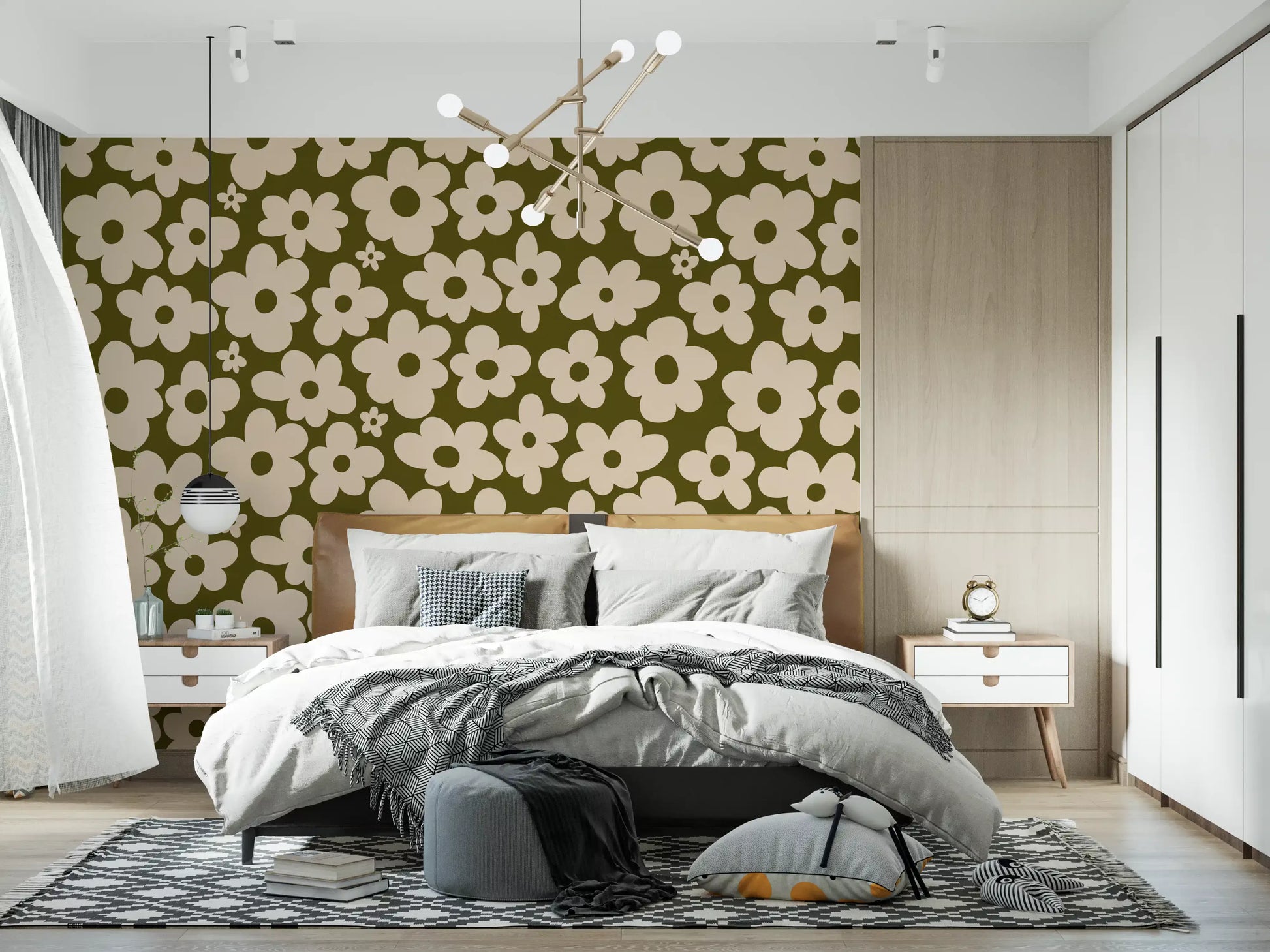 Retro Daisy Meadow in Sage and Cream Wall Mural