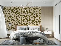 Retro Daisy Meadow in Sage and Cream Wall Mural