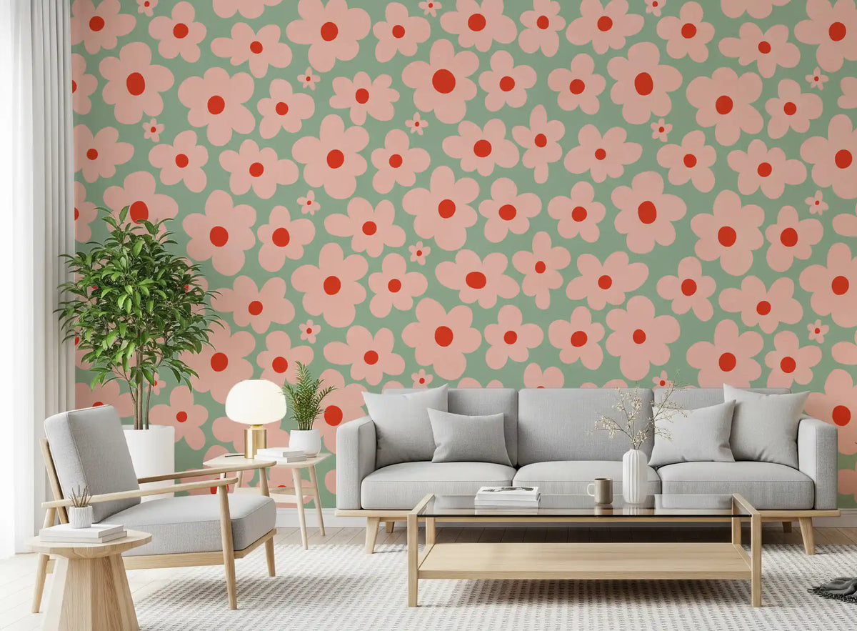 Retro daisy meadow wall mural with blush pink blooms and red centres on sage green GD11111