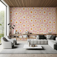 Retro Cream and Pink Daisy Field Wall Mural