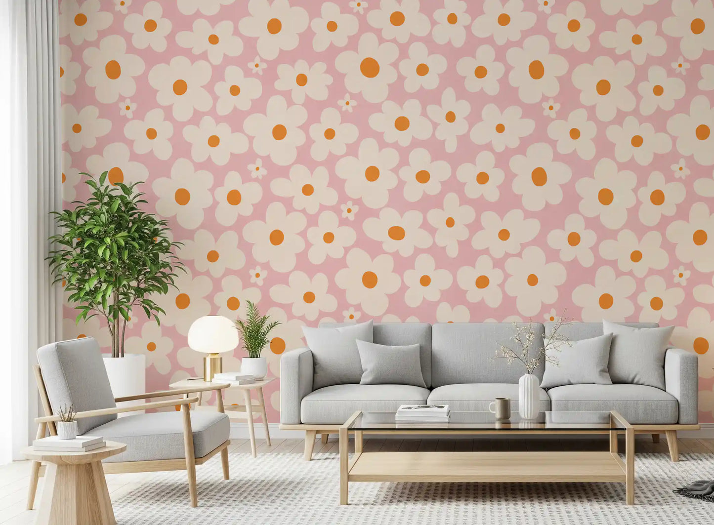 Retro Cream and Pink Daisy Field Wall Mural