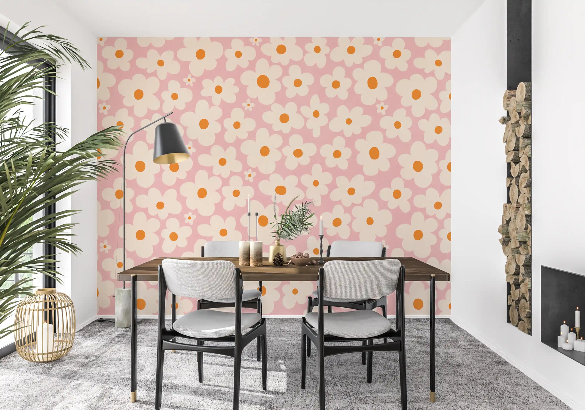 Retro Cream and Pink Daisy Field Wall Mural