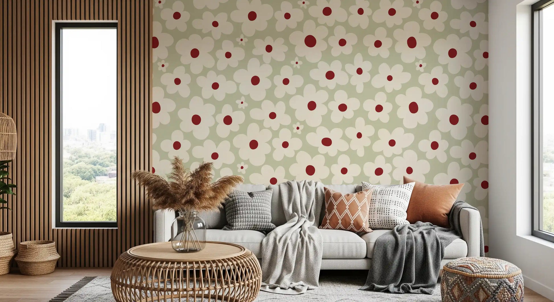 Retro Sage Daisy Meadow Wall Mural