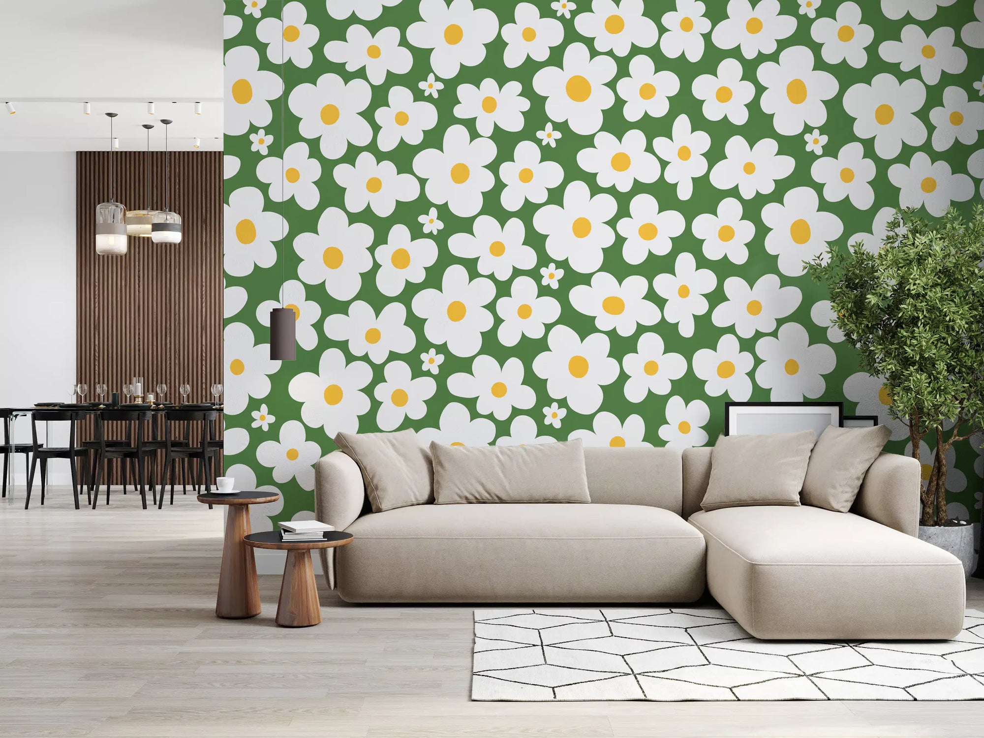 Retro olive green daisy pattern wall mural with white flowers and yellow centres GD11114