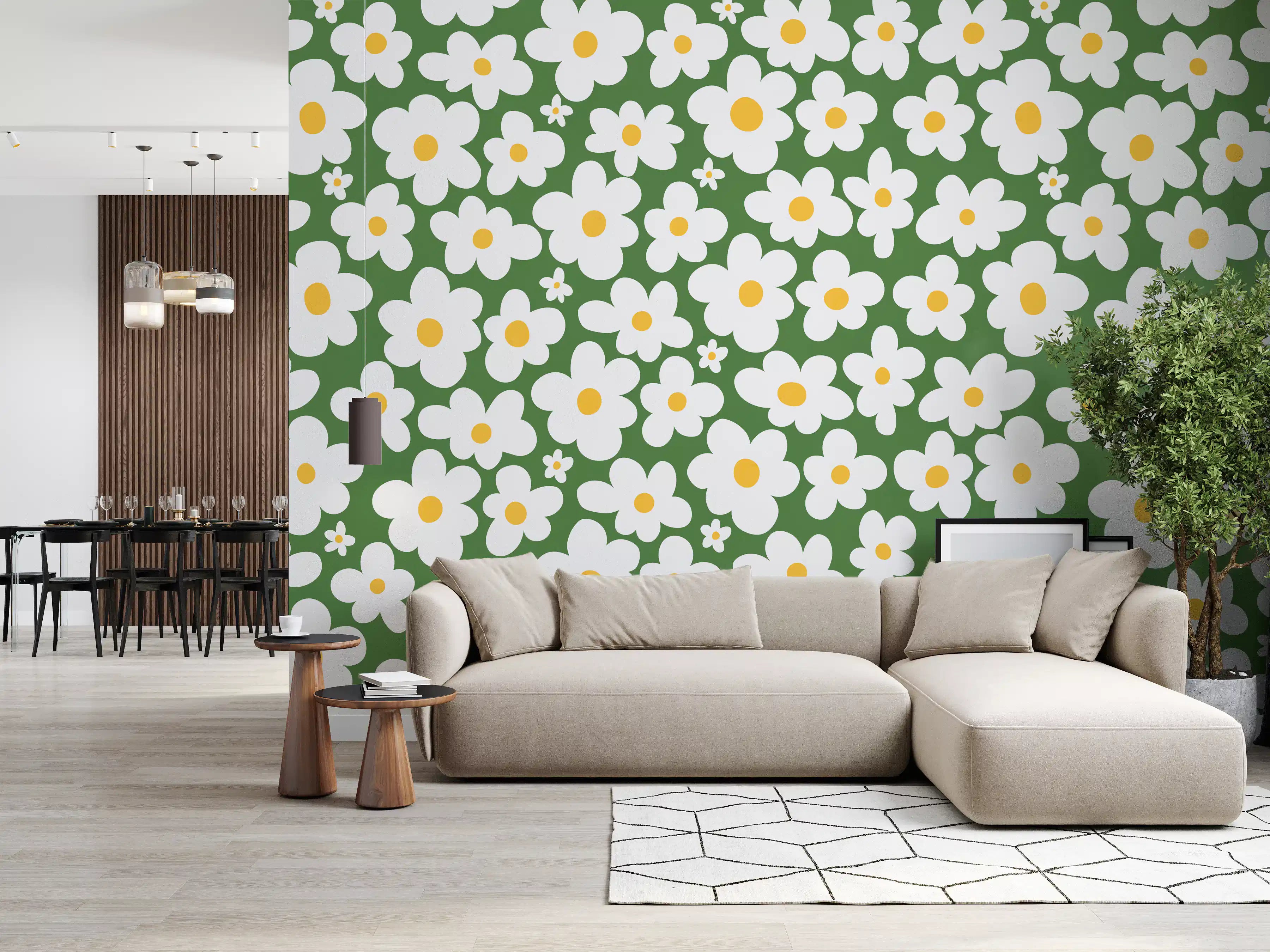 Retro olive green daisy pattern wall mural with white flowers and yellow centres GD11114
