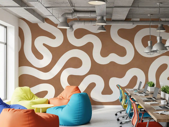 Cream squiggle abstract pattern wall mural on warm terracotta brown ground in office GD11115