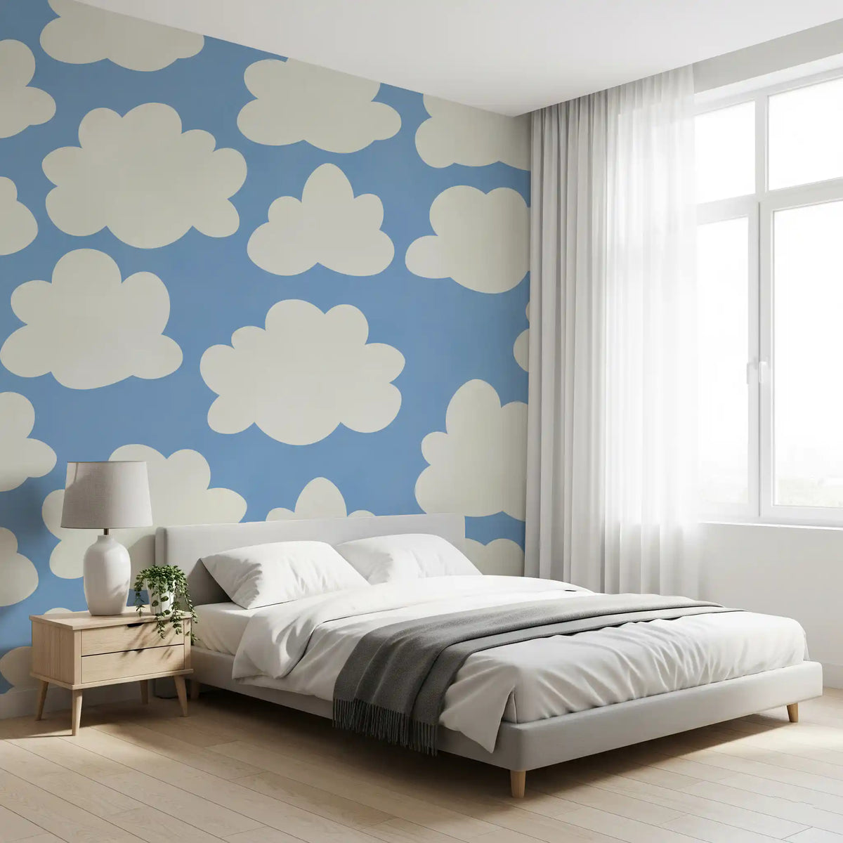 Cream cloud pattern wall mural on soft cornflower blue sky ground GD11116
