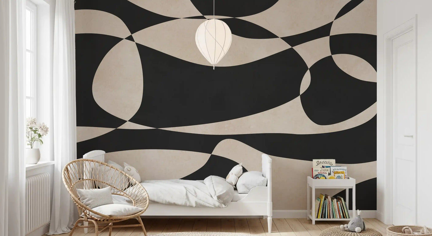 Abstract Cream and Charcoal Interplay Wall Mural
