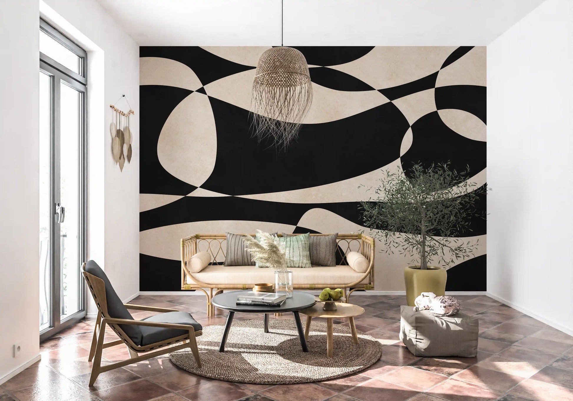 Abstract Cream and Charcoal Interplay Wall Mural